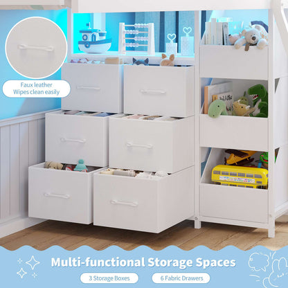 Hasuit | Bunk Bed Twin Over Twin with 6 Storage Drawers and 3 Open Bins L Shaped House Bunk Bed with LED Lights and Safety Guardrail