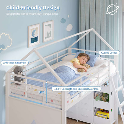 Hasuit | Bunk Bed Twin Over Twin with 6 Storage Drawers and 3 Open Bins L Shaped House Bunk Bed with LED Lights and Safety Guardrail