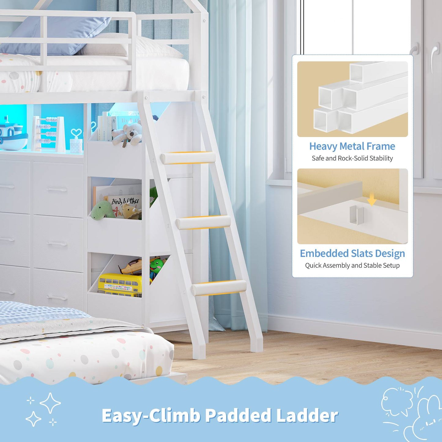 Hasuit | Bunk Bed Twin Over Twin with 6 Storage Drawers and 3 Open Bins L Shaped House Bunk Bed with LED Lights and Safety Guardrail