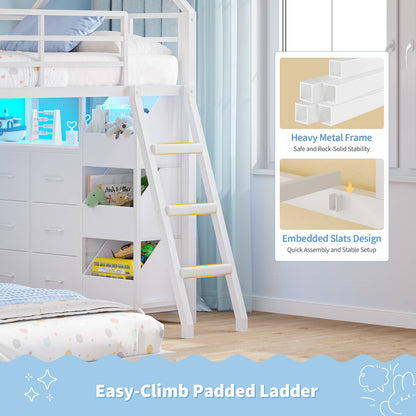 Hasuit | Bunk Bed Twin Over Twin with 6 Storage Drawers and 3 Open Bins L Shaped House Bunk Bed with LED Lights and Safety Guardrail