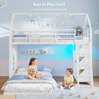 Hasuit | Bunk Bed Twin Over Twin with 6 Storage Drawers and 3 Open Bins L Shaped House Bunk Bed with LED Lights and Safety Guardrail
