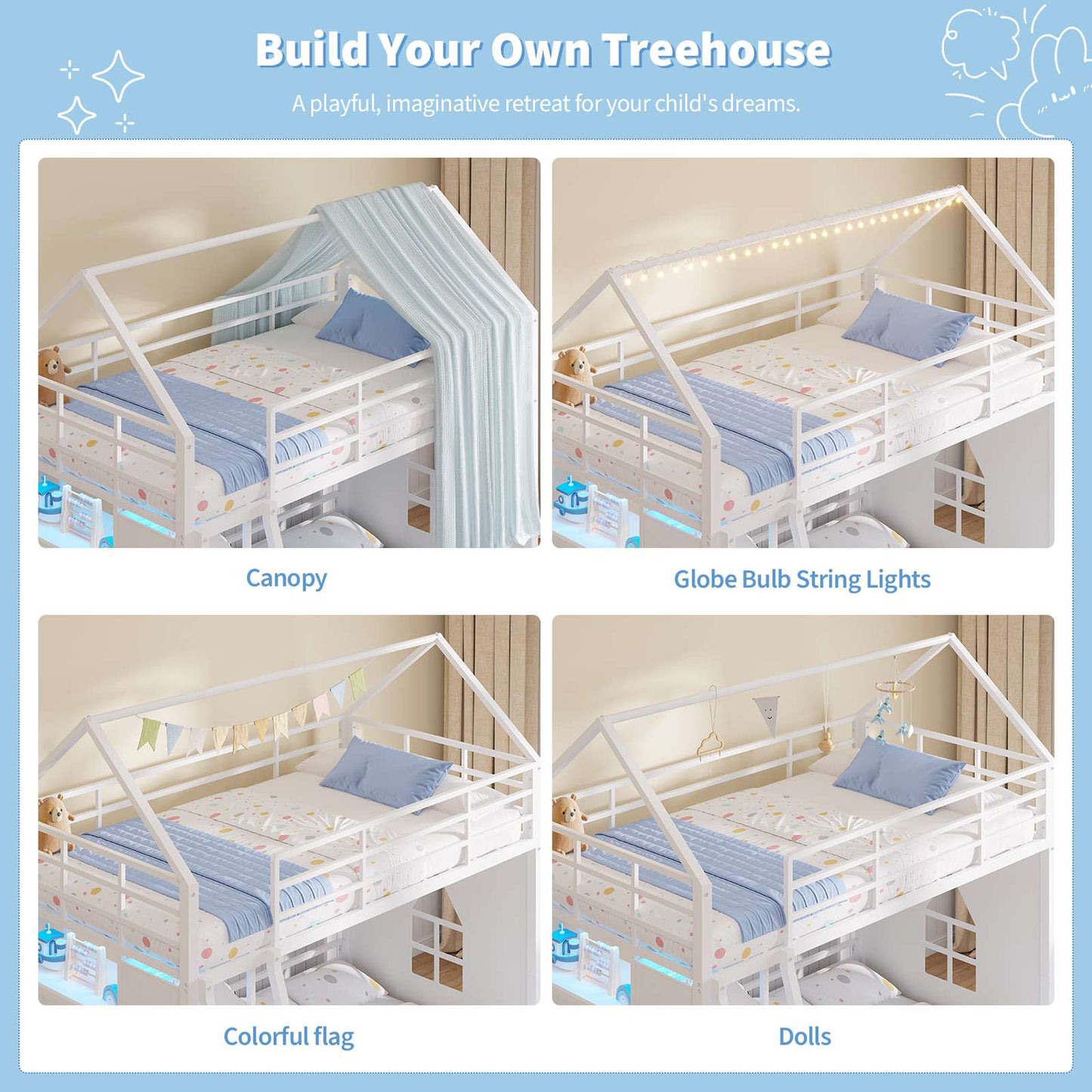 Hasuit | Bunk Bed Twin Over Twin with 6 Storage Drawers and 3 Open Bins L Shaped House Bunk Bed with LED Lights and Safety Guardrail