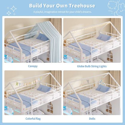 Hasuit | Bunk Bed Twin Over Twin with 6 Storage Drawers and 3 Open Bins L Shaped House Bunk Bed with LED Lights and Safety Guardrail