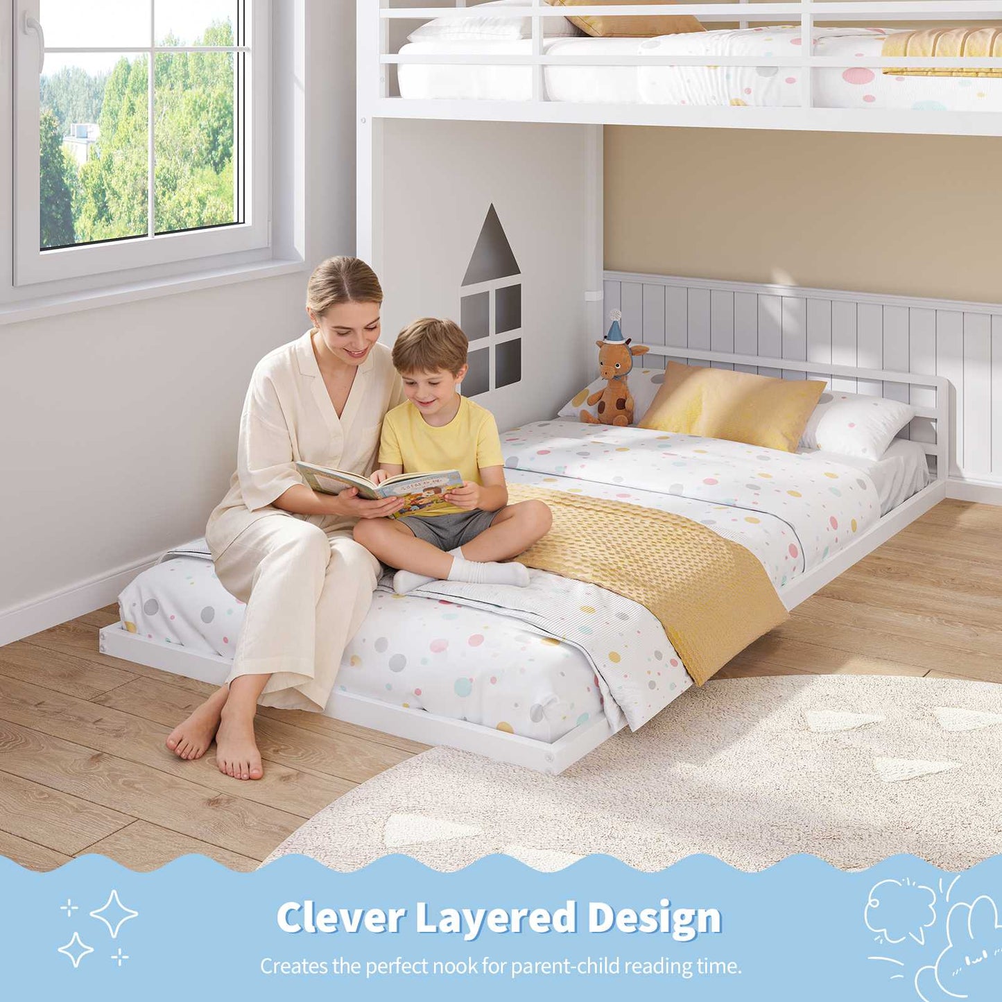 Hasuit | Bunk Bed Twin Over Twin with 6 Storage Drawers and 3 Open Bins L Shaped House Bunk Bed with LED Lights and Safety Guardrail