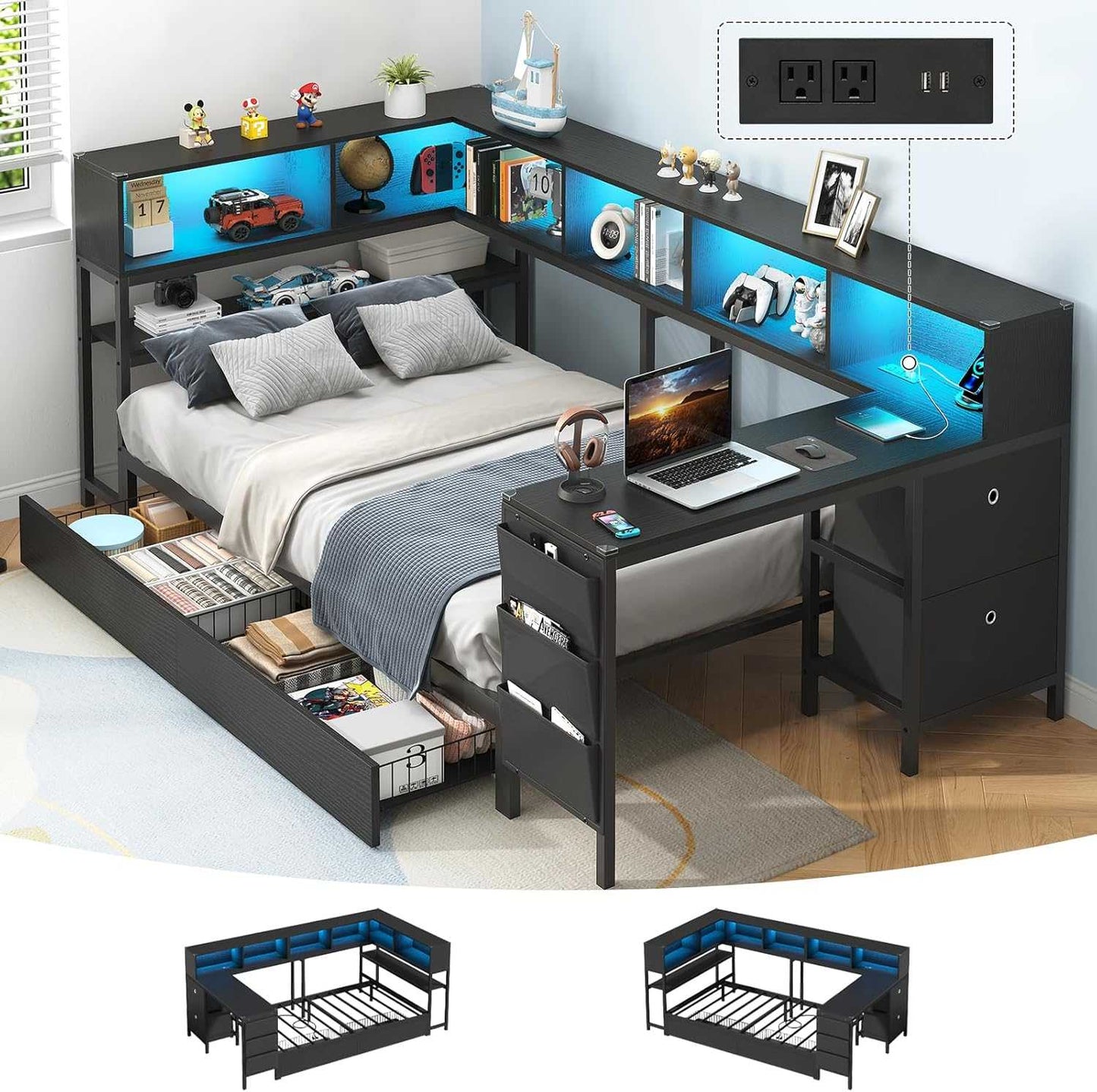 Hasuit | Twin Corner Bed with Desk and Storage Bookcase Daybed with Charging Station and LED Light Modern Teenagers Bedframe