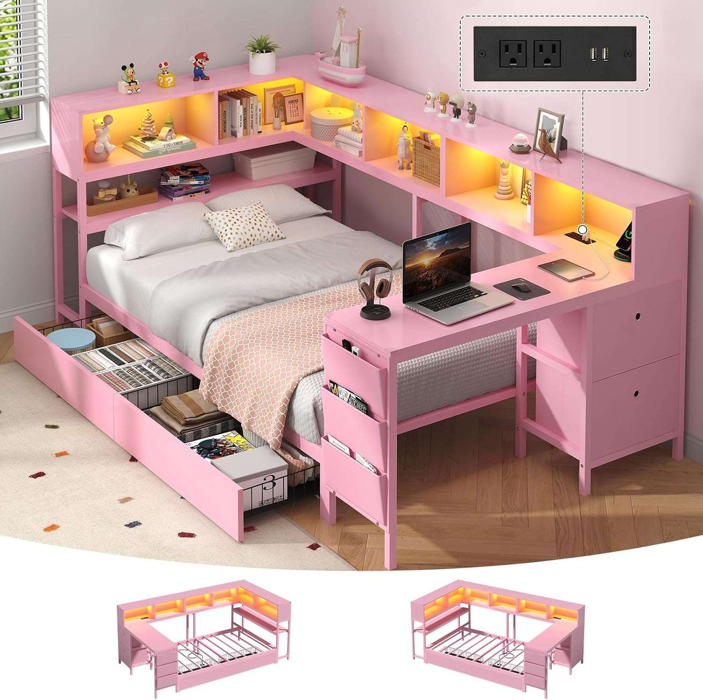 Hasuit | Twin Corner Bed with Desk and Storage Bookcase Daybed with Charging Station and LED Light Modern Teenagers Bedframe