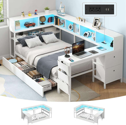 Hasuit | Twin Corner Bed with Desk and Storage Bookcase Daybed with Charging Station and LED Light Modern Teenagers Bedframe