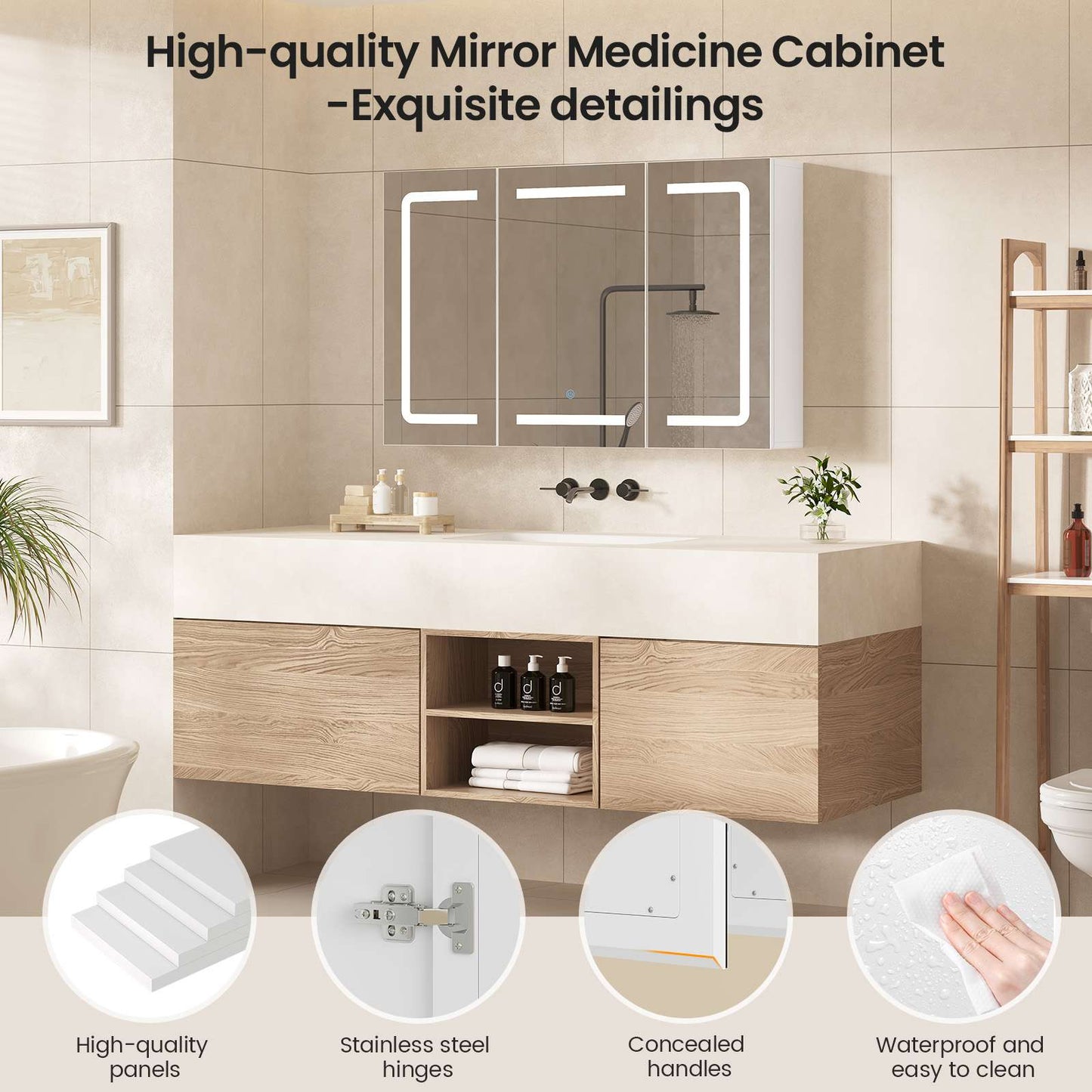 Hasuit | Medicine Cabinet Organizer with Mirror 3 Doors Lighted Bathroom Wall Cabinet with Storage Adjustable Shelves & Outlets Three Sizes