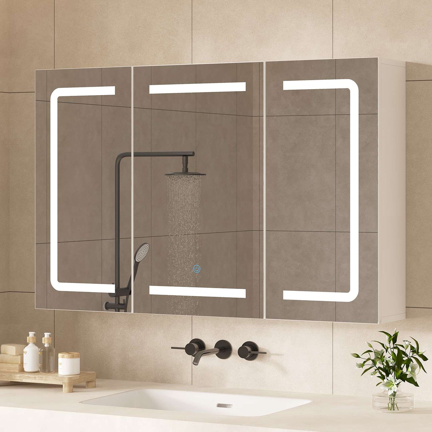 Hasuit | Medicine Cabinet Organizer with Mirror 3 Doors Lighted Bathroom Wall Cabinet with Storage Adjustable Shelves & Outlets Three Sizes