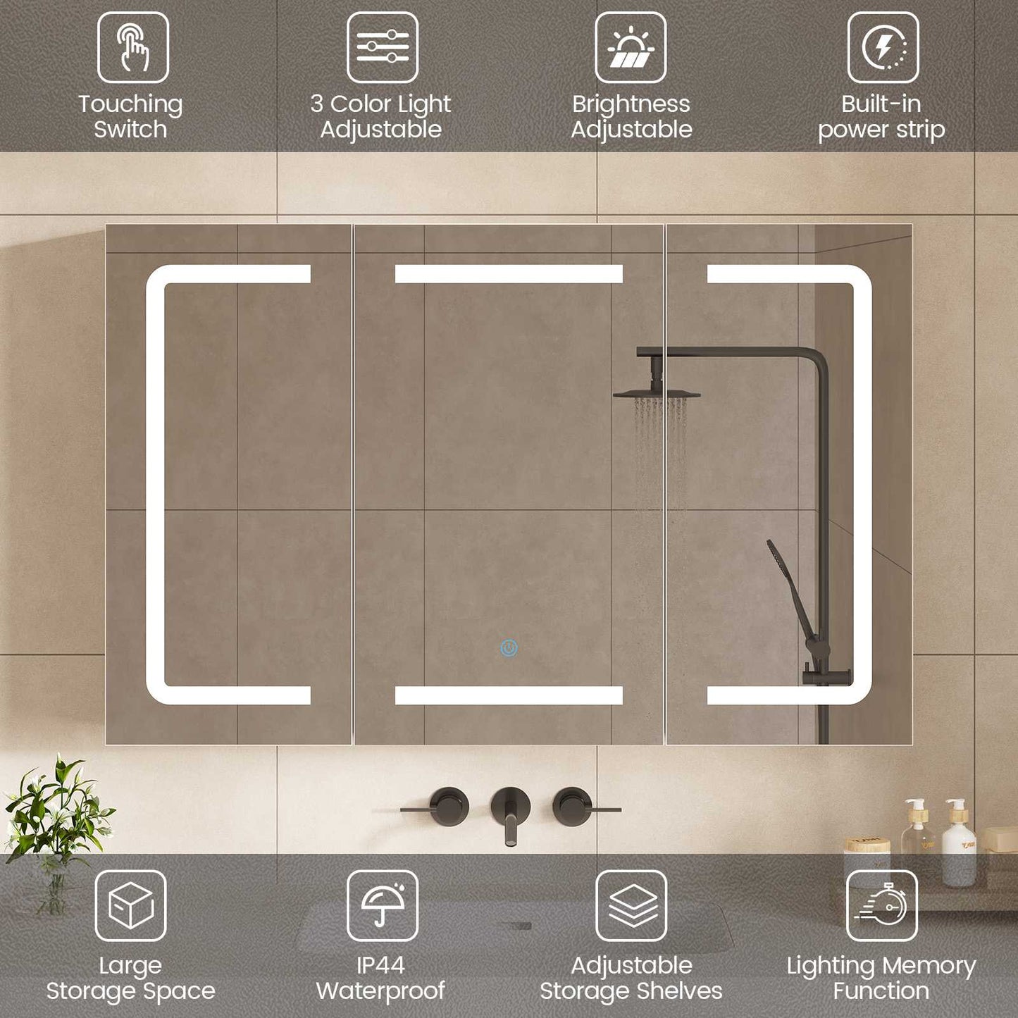 Hasuit | Medicine Cabinet Organizer with Mirror 3 Doors Lighted Bathroom Wall Cabinet with Storage Adjustable Shelves & Outlets Three Sizes