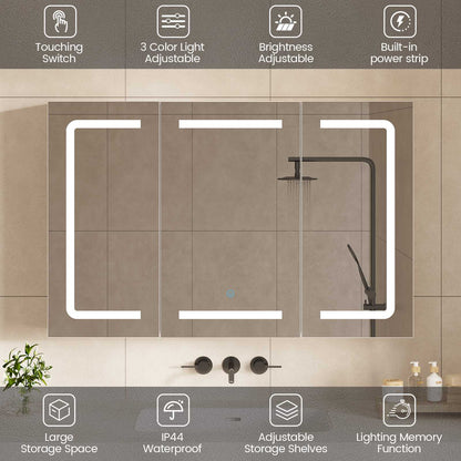 Hasuit | Medicine Cabinet Organizer with Mirror 3 Doors Lighted Bathroom Wall Cabinet with Storage Adjustable Shelves & Outlets Three Sizes