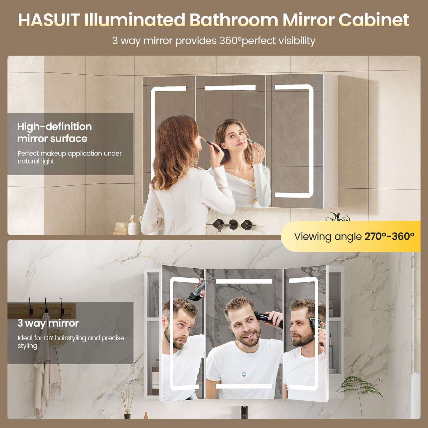 Hasuit | Medicine Cabinet Organizer with Mirror 3 Doors Lighted Bathroom Wall Cabinet with Storage Adjustable Shelves & Outlets Three Sizes