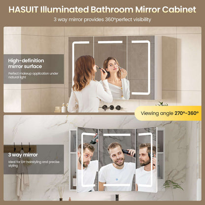 Hasuit | Medicine Cabinet Organizer with Mirror 3 Doors Lighted Bathroom Wall Cabinet with Storage Adjustable Shelves & Outlets Three Sizes