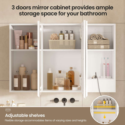 Hasuit | Medicine Cabinet Organizer with Mirror 3 Doors Lighted Bathroom Wall Cabinet with Storage Adjustable Shelves & Outlets Three Sizes