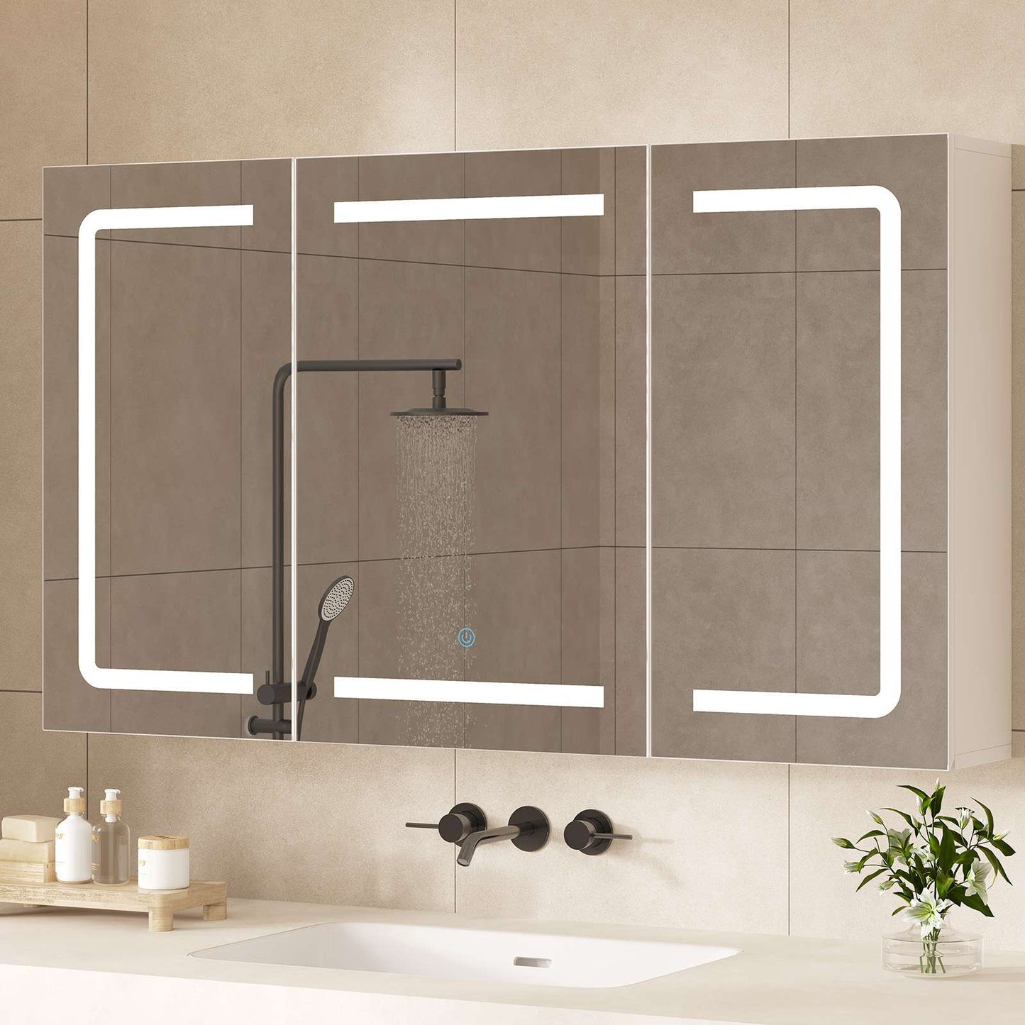 Hasuit | Medicine Cabinet Organizer with Mirror 3 Doors Lighted Bathroom Wall Cabinet with Storage Adjustable Shelves & Outlets Three Sizes