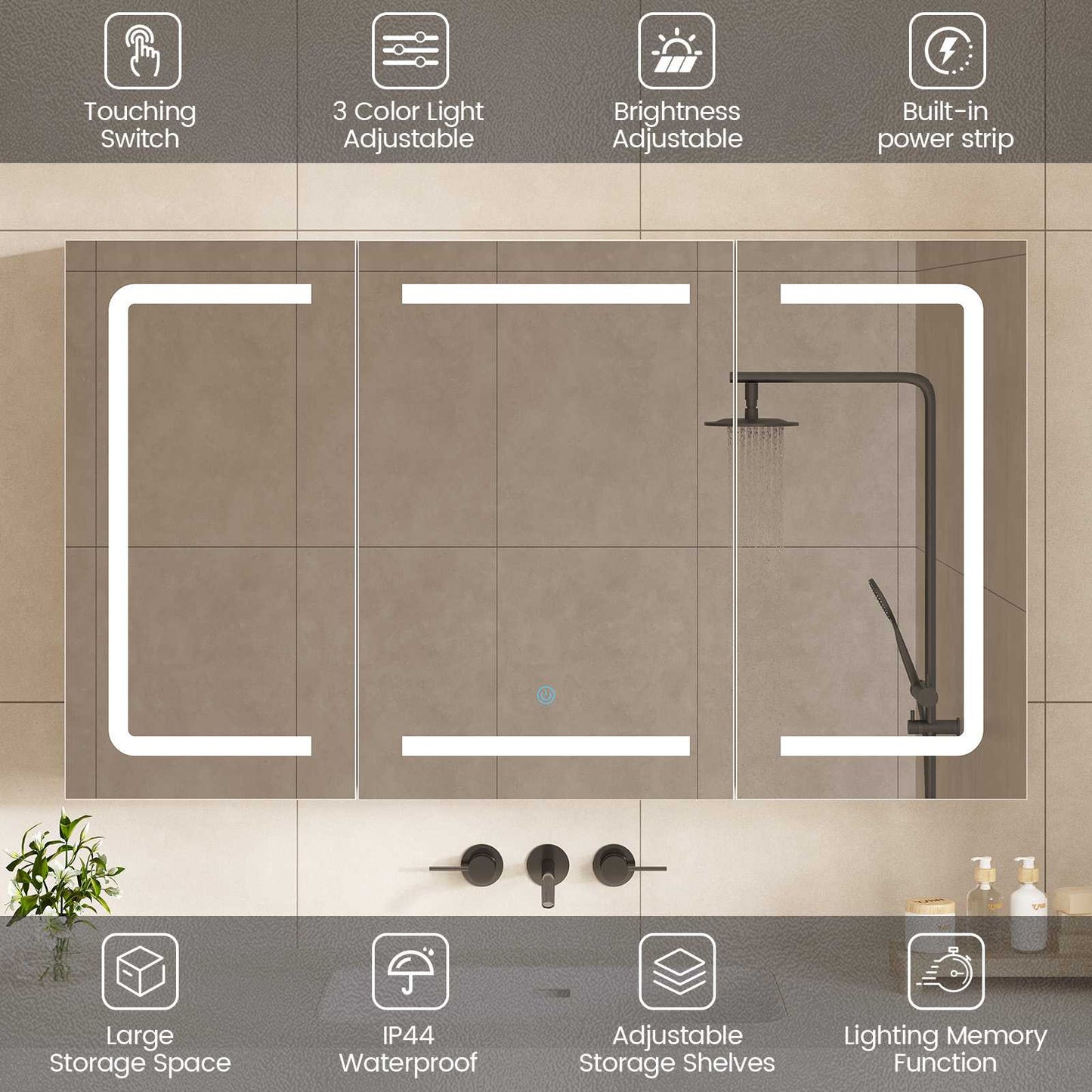 Hasuit | Medicine Cabinet Organizer with Mirror 3 Doors Lighted Bathroom Wall Cabinet with Storage Adjustable Shelves & Outlets Three Sizes
