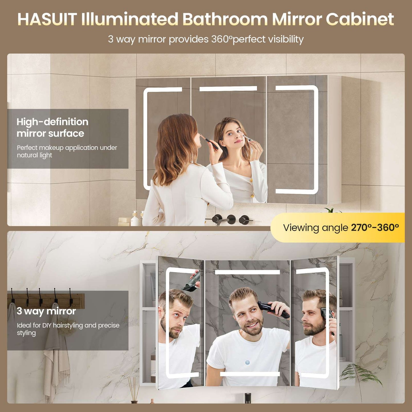 Hasuit | Medicine Cabinet Organizer with Mirror 3 Doors Lighted Bathroom Wall Cabinet with Storage Adjustable Shelves & Outlets Three Sizes