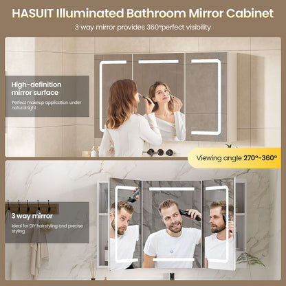 Hasuit | Medicine Cabinet Organizer with Mirror 3 Doors Lighted Bathroom Wall Cabinet with Storage Adjustable Shelves & Outlets Three Sizes