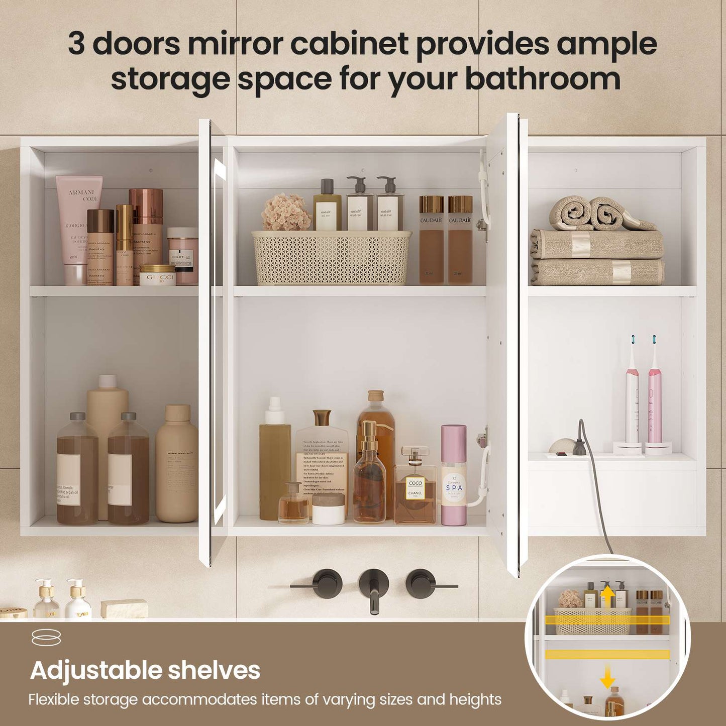 Hasuit | Medicine Cabinet Organizer with Mirror 3 Doors Lighted Bathroom Wall Cabinet with Storage Adjustable Shelves & Outlets Three Sizes