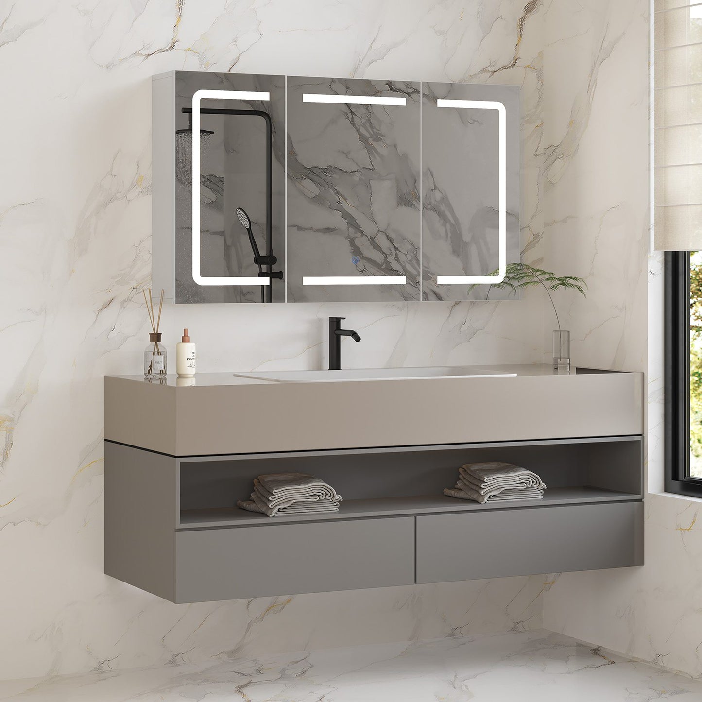 Hasuit | Medicine Cabinet Organizer with Mirror 3 Doors Lighted Bathroom Wall Cabinet with Storage Adjustable Shelves & Outlets Three Sizes