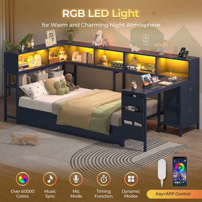 Hasuit | Twin Corner Bed with Desk and Storage Bookcase Daybed with Charging Station and LED Light Modern Teenagers Bedframe