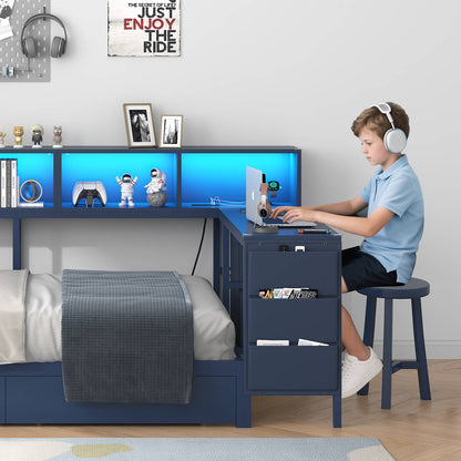 Hasuit | Twin Corner Bed with Desk and Storage Bookcase Daybed with Charging Station and LED Light Modern Teenagers Bedframe