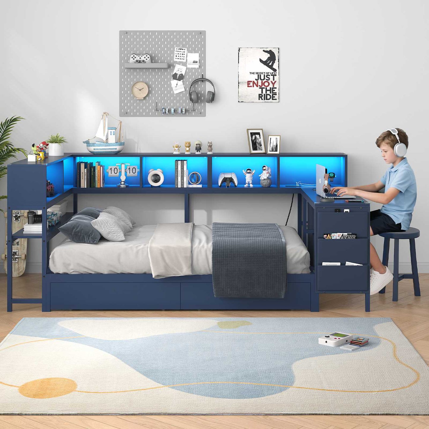 Hasuit | Twin Corner Bed with Desk and Storage Bookcase Daybed with Charging Station and LED Light Modern Teenagers Bedframe