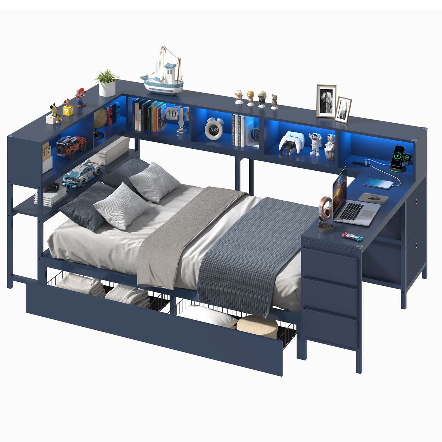 Hasuit | Twin Corner Bed with Desk and Storage Bookcase Daybed with Charging Station and LED Light Modern Teenagers Bedframe