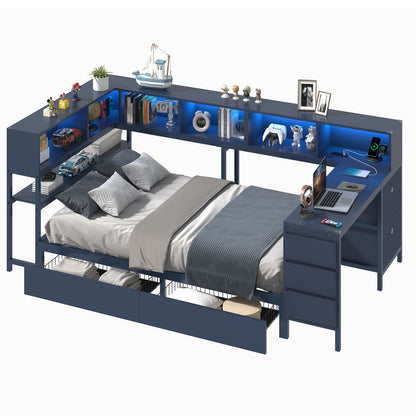 Hasuit | Twin Corner Bed with Desk and Storage Bookcase Daybed with Charging Station and LED Light Modern Teenagers Bedframe