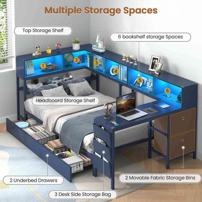 Hasuit | Twin Corner Bed with Desk and Storage Bookcase Daybed with Charging Station and LED Light Modern Teenagers Bedframe
