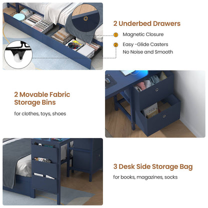 Hasuit | Twin Corner Bed with Desk and Storage Bookcase Daybed with Charging Station and LED Light Modern Teenagers Bedframe