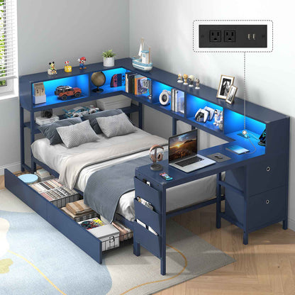 Hasuit | Twin Corner Bed with Desk and Storage Bookcase Daybed with Charging Station and LED Light Modern Teenagers Bedframe