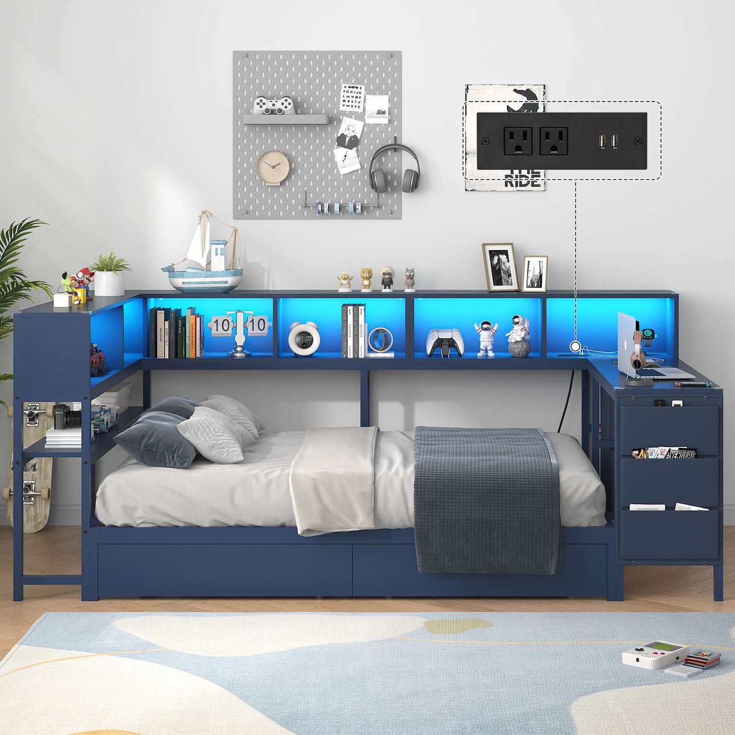 Hasuit | Twin Corner Bed with Desk and Storage Bookcase Daybed with Charging Station and LED Light Modern Teenagers Bedframe
