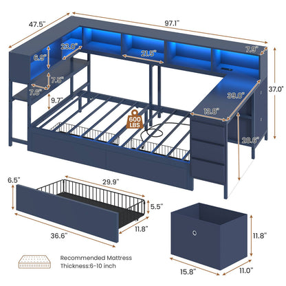 Hasuit | Twin Corner Bed with Desk and Storage Bookcase Daybed with Charging Station and LED Light Modern Teenagers Bedframe