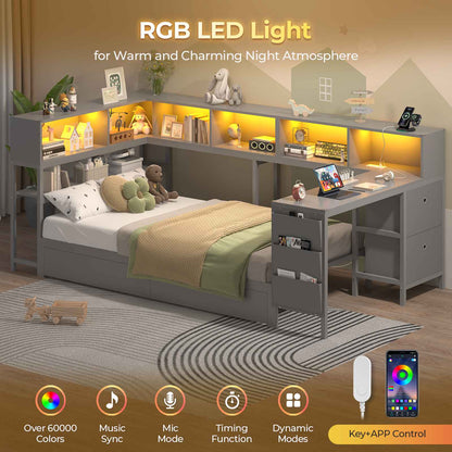 Hasuit | Twin Corner Bed with Desk and Storage Bookcase Daybed with Charging Station and LED Light Modern Teenagers Bedframe
