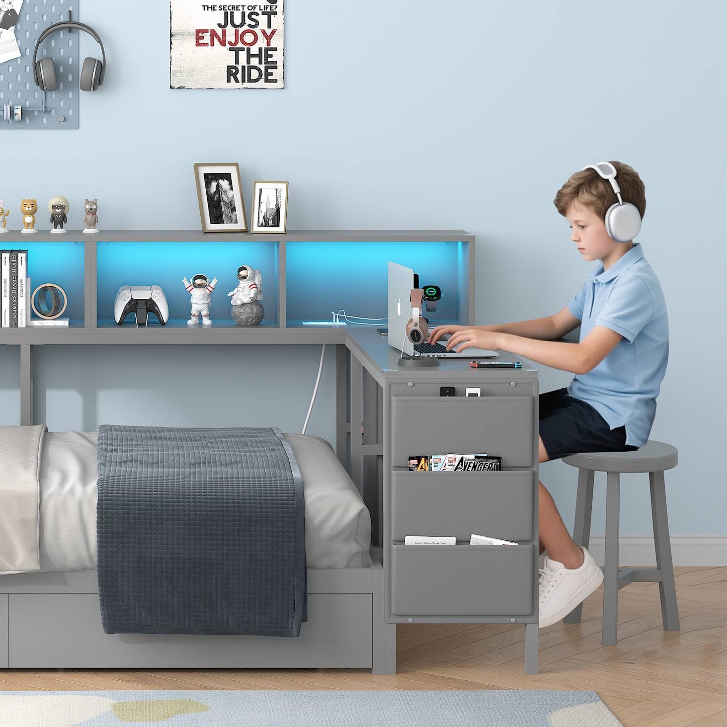 Hasuit | Twin Corner Bed with Desk and Storage Bookcase Daybed with Charging Station and LED Light Modern Teenagers Bedframe