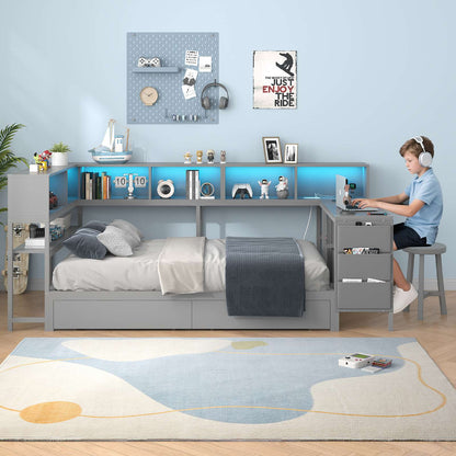 Hasuit | Twin Corner Bed with Desk and Storage Bookcase Daybed with Charging Station and LED Light Modern Teenagers Bedframe
