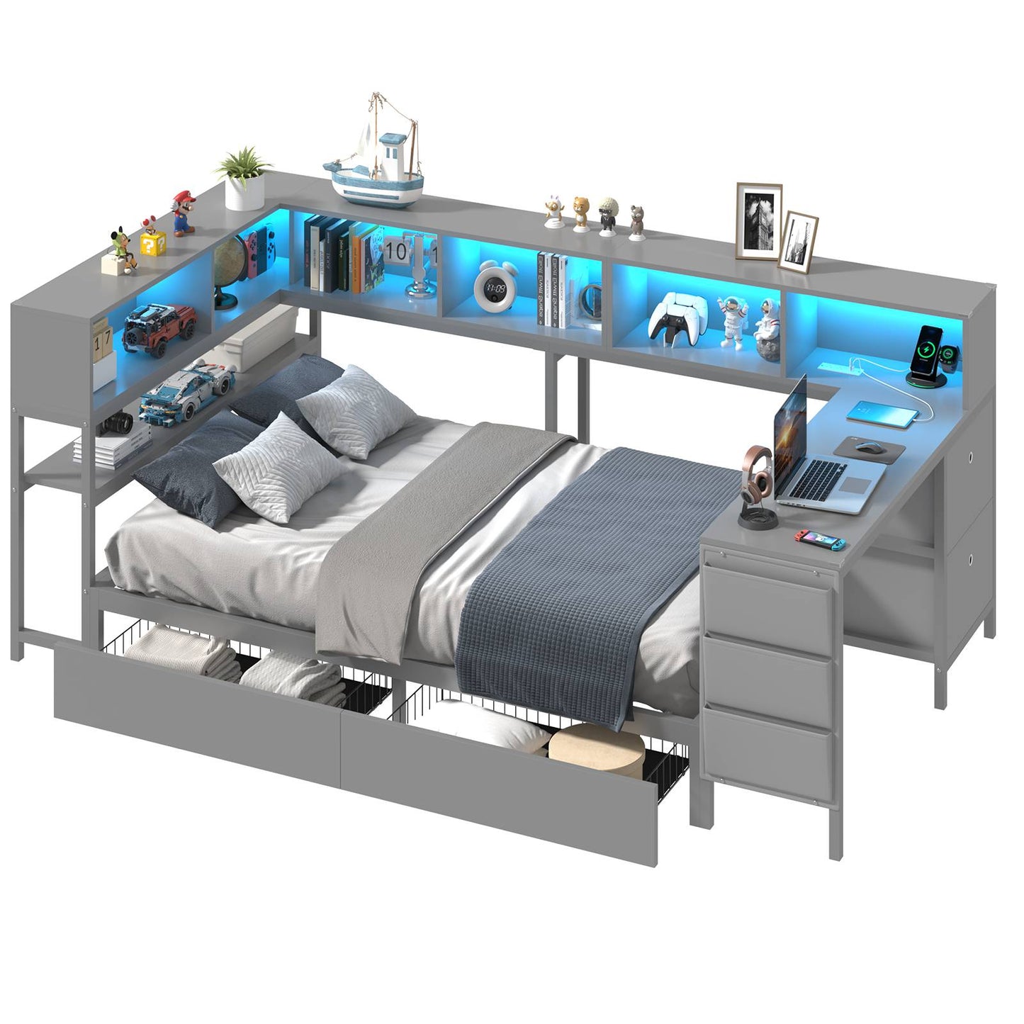 Hasuit | Twin Corner Bed with Desk and Storage Bookcase Daybed with Charging Station and LED Light Modern Teenagers Bedframe