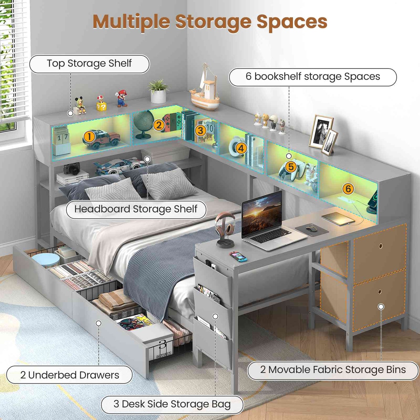 Hasuit | Twin Corner Bed with Desk and Storage Bookcase Daybed with Charging Station and LED Light Modern Teenagers Bedframe