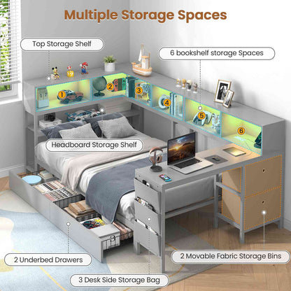 Hasuit | Twin Corner Bed with Desk and Storage Bookcase Daybed with Charging Station and LED Light Modern Teenagers Bedframe