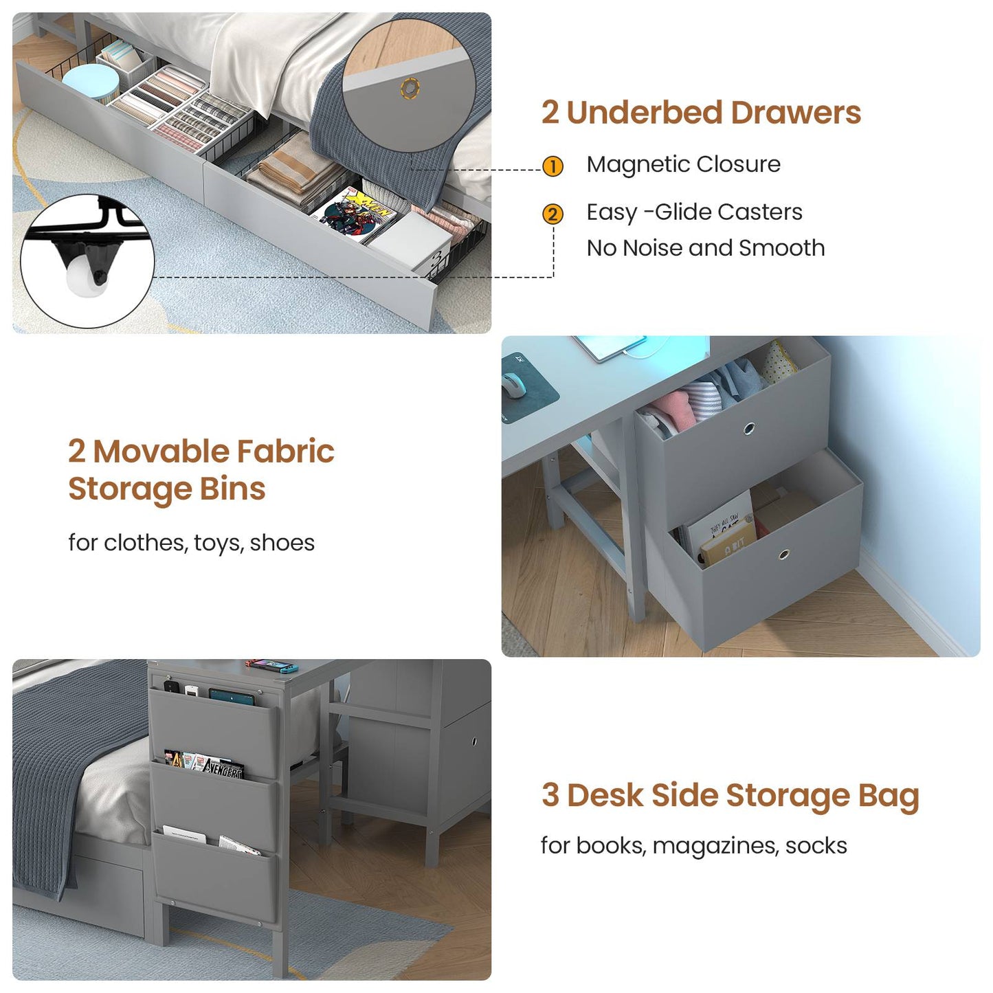 Hasuit | Twin Corner Bed with Desk and Storage Bookcase Daybed with Charging Station and LED Light Modern Teenagers Bedframe