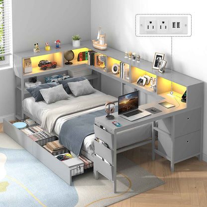 Hasuit | Twin Corner Bed with Desk and Storage Bookcase Daybed with Charging Station and LED Light Modern Teenagers Bedframe