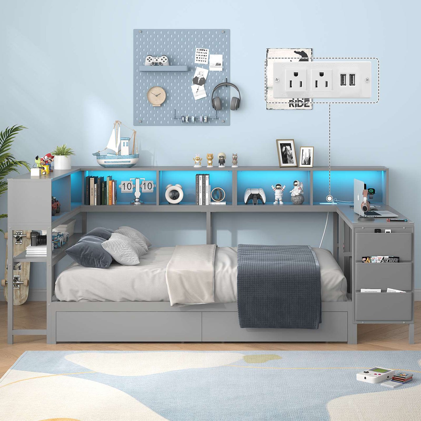 Hasuit | Twin Corner Bed with Desk and Storage Bookcase Daybed with Charging Station and LED Light Modern Teenagers Bedframe