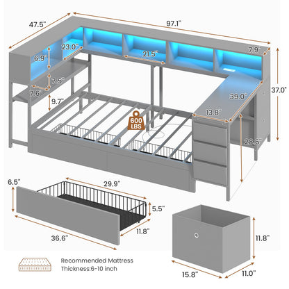 Hasuit | Twin Corner Bed with Desk and Storage Bookcase Daybed with Charging Station and LED Light Modern Teenagers Bedframe