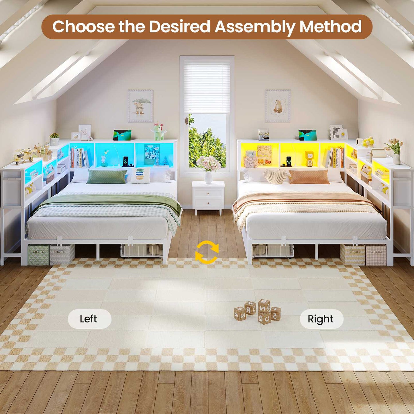 Hasuit | Corner Bed Frame with Storage Bookcase Modern Teenagers Bedframe with 2 Drawers Kids Bed Unit with Charging Station White