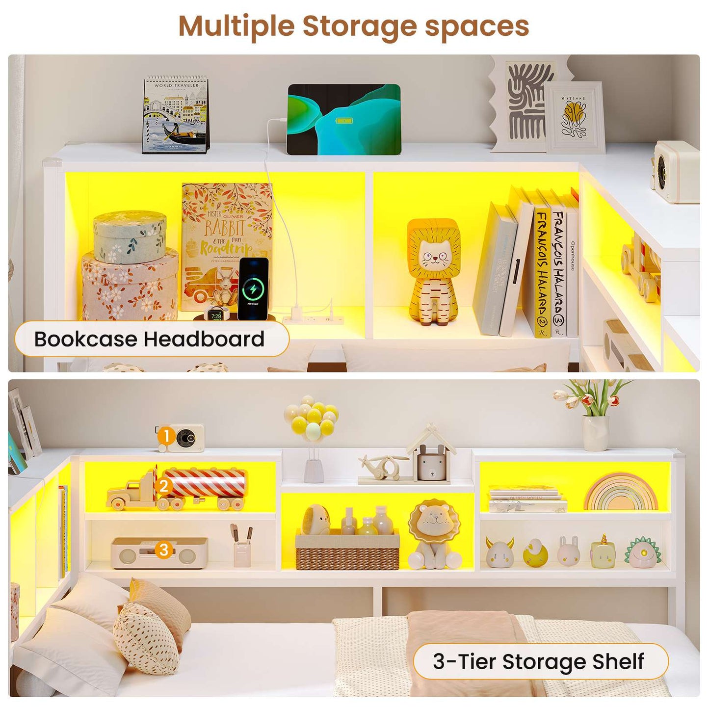 Hasuit | Corner Bed Frame with Storage Bookcase Modern Teenagers Bedframe with 2 Drawers Kids Bed Unit with Charging Station White