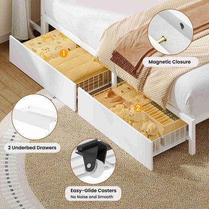 Hasuit | Corner Bed Frame with Storage Bookcase Modern Teenagers Bedframe with 2 Drawers Kids Bed Unit with Charging Station White