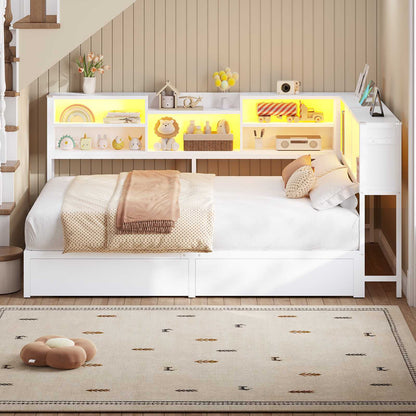 Hasuit | Corner Bed Frame with Storage Bookcase Modern Teenagers Bedframe with 2 Drawers Kids Bed Unit with Charging Station White