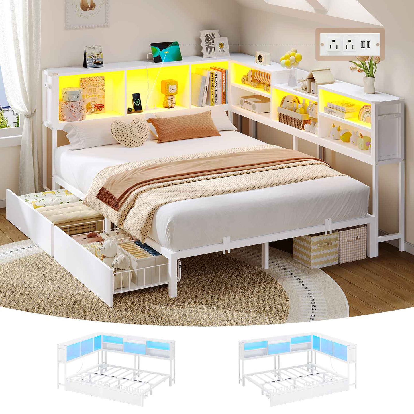 Hasuit | Corner Bed Frame with Storage Bookcase Modern Teenagers Bedframe with 2 Drawers Kids Bed Unit with Charging Station White