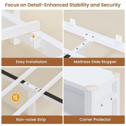 Hasuit | Corner Bed Frame with Storage Bookcase Modern Teenagers Bedframe with 2 Drawers Kids Bed Unit with Charging Station White